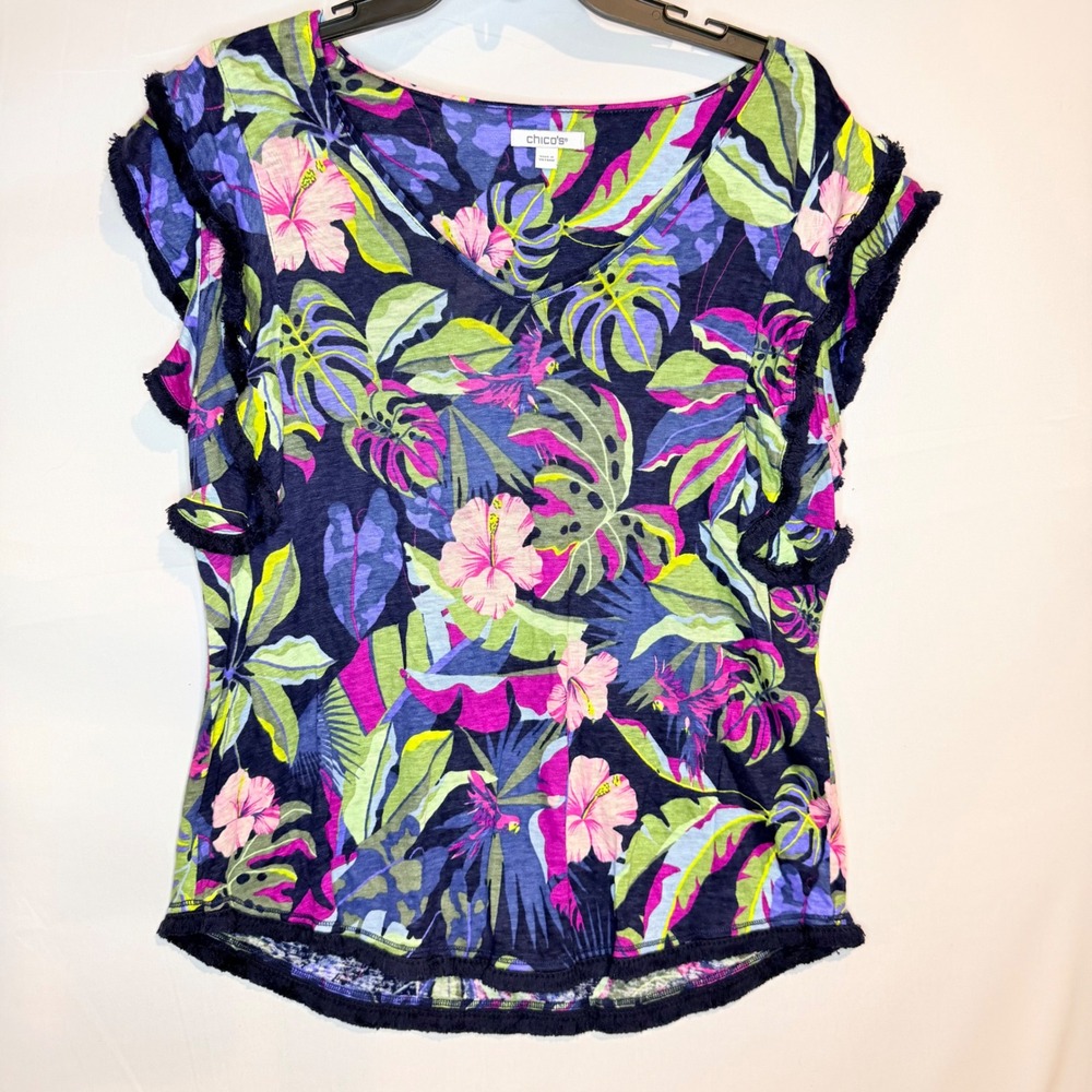 Chicos Tropical Floral V-Neck Flutter Sleeve Fringe Trim Top Navy Multicolor